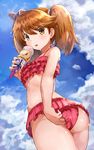  adjusting_clothes adjusting_swimsuit alternate_costume ass bikini bikini_skirt brown_eyes brown_hair cloud cloudy_sky day flat_chest food frilled_bikini frilled_skirt frills from_below hair_between_eyes highres ice_cream kantai_collection long_hair looking_at_viewer midriff okitsugu red_bikini revision ryuujou_(kantai_collection) sideways_hat skirt sky solo sweat swimsuit thighs tongue tongue_out twintails visor_cap 