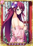  blue_eyes breasts card_(medium) grisaia_(series) grisaia_no_kajitsu hair_ornament japanese_clothes kimono large_breasts long_hair looking_at_viewer nipples pink_kimono purple_hair sash smile solo suou_amane yukata 