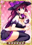  black_legwear black_skirt blue_eyes breasts card_(medium) cleavage grisaia_(series) grisaia_no_kajitsu hat large_breasts long_hair looking_at_viewer pleated_skirt purple_hair skirt solo strapless suou_amane thighhighs witch_hat 