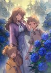 2boys brown_eyes brown_hair family flower highres holding_hands hydrangea lee_hyeseung mother_and_son multiple_boys original ponytail smile tied_hair wide_sleeves 