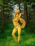  2015 anthro armpits arms_above_head black_nose breasts brown_hair clothed clothing female fluffy fluffy_tail forest grass hair hand_behind_head long_ears long_tail looking_at_viewer navel nintendo nipples notdonebaking open_mouth panties partially_clothed pikachu pok&eacute;ball pok&eacute;mon pose solo stretching topless tree underwear video_games yellow_eyes 
