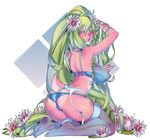  2016 alpha_channel amphibian anthro areola big_breasts bra breasts butt clothing female fishnet flower frog garter_belt garter_straps green_eyes green_hair hair hindpaw kneeling legwear lips long_hair looking_back nipples panties paws pink_skin plant smile solo stockings underwear venusflowerart white_skin 