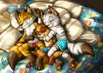  bed boxers_(clothing) briefs brothers bulge canine clothing cub cuddling feline fur grey_fur inside male mammal orange_fur pandapaco pawpads pillow sibling sleeping tiger underwear white_fur wolf young 