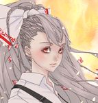  alternate_hairstyle bow braid earrings eyelashes fujiwara_no_mokou hair_bow highres jewelry lips long_hair looking_at_viewer multiple_braids poruhi red_eyes silver_hair solo suspenders touhou 