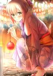  blush fate_(series) highres japanese_clothes kimono koha-ace looking_at_viewer mia_(gute-nacht-07) no_socks okita_souji_(fate) okita_souji_(fate)_(all) pink_hair sandals short_hair smile solo squatting summer_festival water_yoyo yellow_eyes yukata 