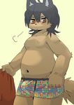  5_fingers black_hair boxers_(clothing) canine clothing dog erection hair looking_at_viewer male mammal moobs navel obese overweight simple_background solo standing underwear しらたま 