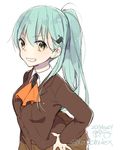  alternate_hairstyle aqua_hair blazer dated grin hair_ornament hairclip hands_on_hips jacket kantai_collection karomura looking_at_viewer ponytail school_uniform smile solo suzuya_(kantai_collection) twitter_username upper_body white_background yellow_eyes 