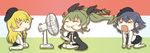  &gt;_&lt; all_fours anchovy anzio_school_uniform bangs beret between_legs blonde_hair blouse braid cape carpaccio chibi closed_eyes commentary drill_hair eating electric_fan flag_background food fork girls_und_panzer green_hair hair_ribbon hand_between_legs hat long_hair multiple_girls necktie open_mouth otoufu pantyhose pasta pepperoni_(girls_und_panzer) plate pleated_skirt ribbon short_hair sidelocks sitting sketch skirt spaghetti twin_drills wariza 