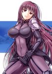  bodysuit breasts fate/grand_order fate_(series) highres kumoi_takashi large_breasts long_hair parted_lips purple_bodysuit purple_hair red_eyes scathach_(fate)_(all) scathach_(fate/grand_order) solo 