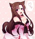  animal_ears bad_id bad_pixiv_id bare_shoulders breasts brown_hair cleavage dress heart heart_background imaizumi_kagerou large_breasts long_hair off-shoulder_dress off_shoulder open_mouth pink_eyes solo tail tongue tongue_out touhou wolf_ears wolf_tail you_(noanoamoemoe) 
