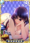  artist_request bikini breasts card_(medium) cleavage grisaia_(series) grisaia_no_kajitsu large_breasts long_hair looking_at_viewer lying on_stomach purple_eyes purple_hair sakaki_yumiko side-tie_bikini solo swimsuit untied untied_bikini 