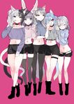  :3 animal_ears bell bell_choker black_legwear blue_eyes blush boots breasts bunny_ears cat_ears cat_tail choker closed_eyes fang_out flying_sweatdrops heterochromia high_heels horns huge_breasts legwear_under_shorts long_hair looking_at_viewer luna_(hoyashi_rebirth) metako_(hoyashi_rebirth) midriff multiple_girls navel nekometaru oni original pantyhose pantyhose_under_shorts pink_background purple_hair red_eyes shorts side_ponytail silver_hair simple_background smile tail thighhighs torn_clothes twintails v wolf_ears wolf_tail yellow_eyes 