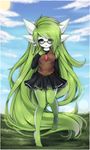  :d absurdly_long_hair absurdres alternate_hairstyle arm_behind_back bare_legs barefoot black-framed_eyewear black_shirt black_skirt blue_sky blush borrowed_character breasts clothed_pokemon cloud collarbone commentary day eyes_visible_through_hair frilled_skirt frills full_body gardevoir gen_3_pokemon glasses grass green_hair green_skin hair_over_one_eye hand_on_own_chest highres leg_up long_hair long_sleeves medium_breasts midna01 open_mouth original outdoors plant pokemon pokemon_(creature) pokemon_(game) pokemon_rse purple_eyes shirt skirt sky smile solo sparkle standing standing_on_one_leg sweater_vest toes very_long_hair 