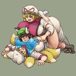  animal_ears between_breasts blonde_hair blush breast_grab breast_smother breasts brown_eyes brown_hair cat_ears chanta_(ayatakaoisii) chen dogpile dress extra_ears fox_ears fox_tail girl_on_top girl_sandwich grabbing hat hat_ribbon head_between_breasts huge_breasts jewelry long_hair lying mob_cap multiple_girls multiple_tails on_back open_mouth pillow_hat plump purple_dress purple_eyes ribbon sandwiched short_hair simple_background single_earring sweatdrop tabard tail touhou wavy_mouth yakumo_ran yakumo_yukari yuri 