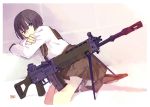  absurdres assault_rifle bipod blue_eyes bob_cut commentary gun highres jpeg_artifacts leaning_on_object looking_back original rifle school_uniform seallllion serafuku short_hair sig_550 sig_sauer solo weapon 