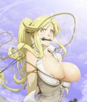  areola big_breasts blonde_hair blue_eyes blush bound breast_squish breasts centaur centorea_shianus_(monster_musume) clothing cloud equine equine_taur female hair long_hair mammal masterclaws monster_musume nipples pointy_ears ponytail rope shirt sky solo sweat taur teeth 