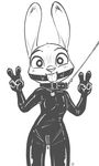  alec8ter anthro ball_gag black_and_white blush bodysuit buckteeth clothed clothing collar collar_tag disney drooling female flat_chested front_view gag gagged gimp_suit hi_res judy_hopps lagomorph leash looking_at_viewer mammal mask monochrome open_mouth rabbit rubber saliva simple_background skinsuit smile solo teeth text tight_clothing v_sign white_background zipper zootopia 