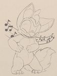  alien anthro dancing disney experiment_(species) fan_character featureless_crotch fluffy fluffy_tail front_view lilo_and_stitch line_art mammal monochrome music musical_note nude open_mouth ovni petrock smile 
