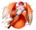  2016 areola avian big_breasts black_fur blush breasts chest_tuft clothing feathers female fur green_eyes hair harpy hindpaw looking_down navel nipples open_mouth orange_feathers orange_fur paws red_hair ryousakai short_hair solo stripes thick_thighs torn_clothing tuft white_feathers white_fur wings 
