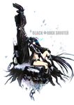  arm_cannon bad_id bad_pixiv_id black_hair black_rock_shooter black_rock_shooter_(character) blue_eyes boots burning_eye chain checkered gloves highres jacket long_hair midriff navel pen_(steelleets) shorts sitting solo sword twintails uneven_twintails very_long_hair weapon 