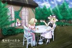  alice_margatroid apron black_footwear blonde_hair bow capelet chair cup day desuno hair_bow hairband hat hat_bow hourai_doll house kirisame_marisa multiple_girls mushroom outdoors puffy_short_sleeves puffy_sleeves red_bow shoes short_sleeves sitting sunlight table teacup touhou tree white_bow white_legwear witch_hat yellow_eyes 