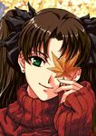  absurdres bangs black_hair black_ribbon brown_hair closed_mouth covering_one_eye earrings eyelashes fate/stay_night fate_(series) green_eyes hair_ribbon highres holding holding_leaf jewelry jian_huang leaf long_hair looking_at_viewer maple_leaf one_eye_covered parted_bangs portrait red_sweater ribbed_sweater ribbon smile solo stud_earrings sweater toosaka_rin turtleneck two_side_up upper_body 