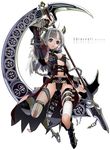  bad_id bad_pixiv_id bandages belt blue_eyes breasts chain cleavage elf grey_hair hands highres horns medium_breasts nakabayashi_reimei navel original pointy_ears scythe solo thigh_strap 