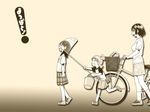  3girls :d :o ^_^ artist_request ayase_ena ayase_fuuka bag bicycle bicycle_basket bucket butterfly_net closed_eyes copyright_name eyebrows from_side gradient gradient_background ground_vehicle hand_net koiwai_yotsuba monochrome multiple_girls no_socks open_mouth plaid plaid_skirt profile pushing_bicycle quad_tails raglan_sleeves sepia shirt shoes shopping_bag short_hair short_sleeves skirt smile sneakers socks source_request surprised t-shirt thick_eyebrows walking wallpaper wide-eyed yotsubato! 