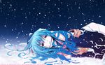  blue_hair eretto food fruit hat highres hinanawi_tenshi long_hair lying on_side peach red_eyes snow snowing solo touhou wallpaper 