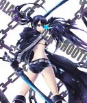  absurdres ass bad_id bad_pixiv_id belt bikini_top black_hair black_rock_shooter black_rock_shooter_(character) blue_eyes boots burning_eye chain coat highres jacket long_hair looking_back midriff open_mouth pen_(steelleets) short_shorts shorts solo sword twintails uneven_twintails very_long_hair weapon 