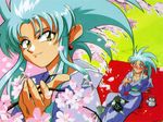  90s artist_request blue_hair cabbit earrings japanese_clothes jewelry kimono long_sleeves ryou-ouki ryouko_(tenchi_muyou!) spiked_hair tenchi_muyou! wallpaper yellow_eyes 