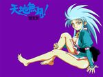  90s artist_request barefoot blue_hair bow breasts cleavage earrings japanese_clothes jewelry kimono long_sleeves medium_breasts purple_background ryouko_(tenchi_muyou!) sitting solo spiked_hair tenchi_muyou! wallpaper yellow_eyes 