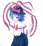  blue_hair blush bow breasts capelet cleavage cowboy_shot frills ginzake_(mizuumi) hand_on_hip hat hat_bow hat_ribbon index_finger_raised leaning_forward long_sleeves looking_at_viewer medium_breasts nagae_iku parted_lips purple_hair red_bow red_eyes red_ribbon ribbon shawl short_hair solo touhou 
