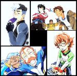  5boys coran_(voltron) crossdressing eating eye_contact facial_hair glasses highres hunk_(voltron) hyakujuu-ou_golion ishmaiah_dado keith_(voltron) lance_(voltron) looking_at_another looking_at_viewer multiple_boys multiple_girls mustache pidge_gunderson pointy_ears princess_allura reverse_trap scar smile takashi_shirogane voltron:_legendary_defender 