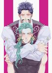  alternate_hairstyle arms_around_neck blue_hair brothers daniel_d'arby earrings facial_hair facial_mark green_hair hair_down highres jewelry jojo_no_kimyou_na_bouken kakipiinu long_hair male_focus multiple_boys muscle mustache orange_eyes red_eyes siblings stardust_crusaders tattoo terence_trent_d'arby turtleneck vest 