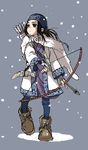  ainu ainu_clothes arrow asirpa bandana black_hair boots bow_(weapon) cape child commentary drawing_bow earrings full_body fur_boots fur_cape golden_kamuy headband highres holding holding_arrow holding_bow_(weapon) holding_weapon hoop_earrings jewelry knife long_hair messy_hair sheath simple_background snow solo weapon yamamoto_souichirou 