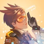  bangs bomber_jacket brown_eyes brown_hair brown_jacket english fur_trim gloves goggles hand_up harness highres jacket leather leather_jacket lips logo looking_at_viewer melvin_lam overwatch salute short_hair solo spiked_hair swept_bangs tracer_(overwatch) union_jack upper_body vambraces 