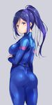  alp ass bodysuit breasts grey_background looking_at_viewer looking_back love_live! love_live!_sunshine!! matsuura_kanan medium_breasts purple_eyes purple_hair simple_background skin_tight solo thighs wetsuit 