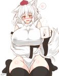 animal_ears bare_shoulders black_legwear blush breast_hold breasts bridal_gauntlets commentary_request cup detached_sleeves eyebrows fang ginzake_(mizuumi) hat huge_breasts inubashiri_momiji lactation lactation_through_clothes looking_at_viewer mug nose_blush open_mouth pelvic_curtain pom_pom_(clothes) red_eyes short_hair sitting solo spoken_blush tail thick_eyebrows thighhighs tokin_hat touhou wariza white_hair wide_hips wide_sleeves wolf_ears wolf_tail 