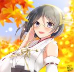  1girl adjusting_eyewear autumn_leaves black_eyes black_hair blurry commentary_request depth_of_field detached_sleeves glasses green-framed_eyewear hairband headgear highres kantai_collection kirishima_(kantai_collection) looking_at_viewer nontraditional_miko open_mouth ribbon-trimmed_sleeves ribbon_trim short_hair smile solo 