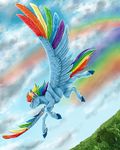  blue_feathers blue_fur day detailed detailed_background equine feathered_wings feathers female feral flying focus friendship_is_magic fur grass hair hi_res hooves horse luna68 mammal multicolored_feathers multicolored_hair my_little_pony nude outside partly_cloudy pegasus pink_eyes pony rainbow rainbow_dash_(mlp) scar sky solo teeth wings 