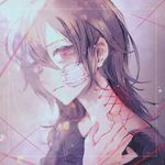  bandage_on_face black_shirt bleeding blood bloody_hands body_piercings brown_hair cutting hair_between_eyes injury long_hair looking_at_viewer original red_eyes shirt solo yumeno_yume 