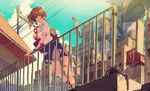  against_railing artist_name bag bandaid bandaid_on_arm bandaid_on_leg bangs banner blonde_hair blue_sky bow breasts brown_legwear building buttons chain cloud cloudy_sky day deco_(geigeki_honey) drill_hair hair_bow handbag ladder leaning leaning_forward medium_breasts nail_polish original outdoors parted_lips pink_bow pink_eyes pleated_skirt polka_dot polka_dot_bow puffy_short_sleeves puffy_sleeves railing short_sleeves skirt sky socks solo standing watch window wristwatch 