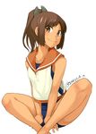 barefoot between_legs brown_eyes brown_hair dark_skin hair_ornament hairclip hand_between_legs i-401_(kantai_collection) indian_style kantai_collection one-piece_swimsuit ponytail sailor_collar sakula school_swimsuit school_uniform serafuku short_ponytail simple_background sitting smile solo swimsuit swimsuit_under_clothes twitter_username white_background 