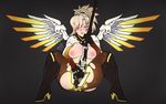  antiheld areolae black_gloves blonde_hair blue_eyes blush boots breasts breasts_outside brown_legwear clothed_masturbation crotch_rub full_body gloves high_ponytail knee_boots large_areolae long_hair masturbation mechanical_halo mechanical_wings mercy_(overwatch) nipples overwatch pantyhose sitting solo spread_legs staff torn_clothes torn_legwear wings 