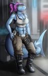  abs anthro clothed clothing ear_piercing female fish half-closed_eyes marine muscular navel neltharion290 piercing shark solo standing 