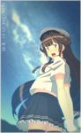  absurdres alternate_costume arms_behind_back artist_name bangs black_legwear blouse blue_eyes blue_skirt blue_sky breasts brown_hair character_name commentary_request cowboy_shot dated eyebrows eyebrows_visible_through_hair gloves hair_bun hat highres kantai_collection key_kun kongou_(kantai_collection) long_hair looking_at_viewer looking_back medium_breasts night night_sky open_mouth outdoors peaked_cap pleated_skirt school_uniform serafuku short_sleeves sidelocks skirt sky smile solo star_(sky) starry_sky teeth thighhighs tongue very_long_hair white_blouse white_gloves zettai_ryouiki 