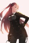  backlighting black_legwear braid breasts cowboy_shot framed_breasts girls_frontline gloves hand_on_hip highres long_hair looking_to_the_side medium_breasts migime_no_yuugure necktie one_side_up pantyhose parted_lips purple_hair red_eyes see-through solo twintails uniform wa2000_(girls_frontline) white_background 