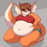  2016 anthro black_eyes blush breasts brown_fur clothed clothing crop_top dragon english_text fangs female fin fur grey_background javanshir kneeling morbidly_obese navel orange_scales overweight scales scalie shirt shorts simple_background smile solo text tight_clothing torn_clothing white_scales 