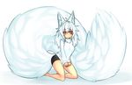  absurdres animal_ear_fluff animal_ears bare_legs barefoot bike_shorts blush clothes_tug embarrassed fluffy fox_ears fox_tail full_body highres kneeling large_tail long_hair looking_at_viewer orange_eyes original simple_background solo sub-res sub-tan sweater sweater_tug tail white_hair white_sweater 